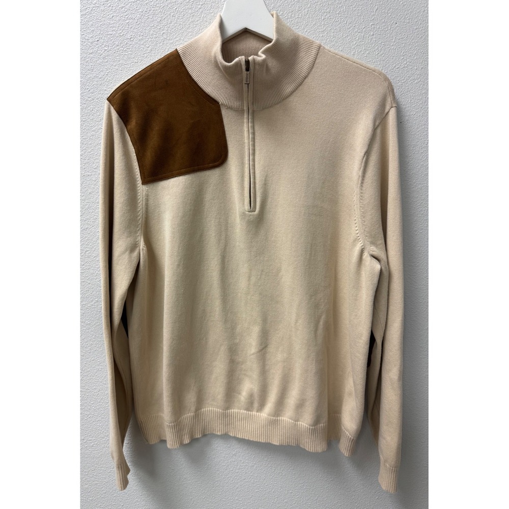 Ralph Lauren Men Quarter Zip Pullover Sweater Suede Patch Beige Cotton Blend 2XL